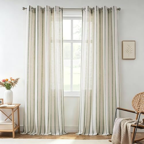 DriftAway Farmhouse Vertical Striped Linen Blend Textured Light Filtering Semi Sheer Curtains for Living Room Bedroom 84 Inches Long Drapes 2 Panels