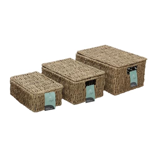 JVL Set of 3 Rectangular Seagrass Storage Baskets with Lids ??? Natural Woven Home Storage Organisers, Brown