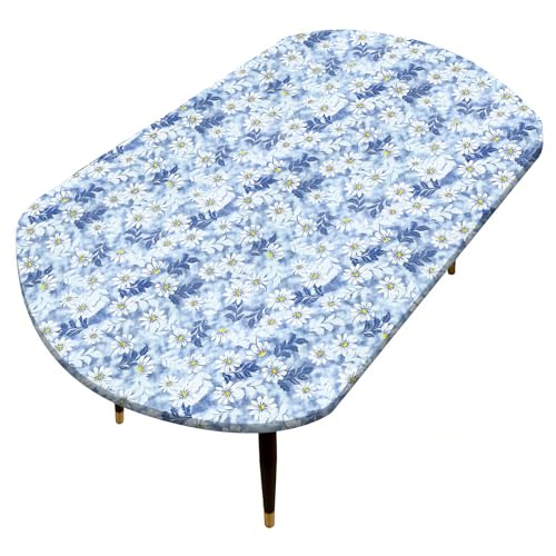 "Pioggia Oval Vinyl Fitted Tablecloth with Flannel Backing Elastic Table Cloth Waterproof Oil-Proof Plastic Table Cover Best for 68"" x 48"""