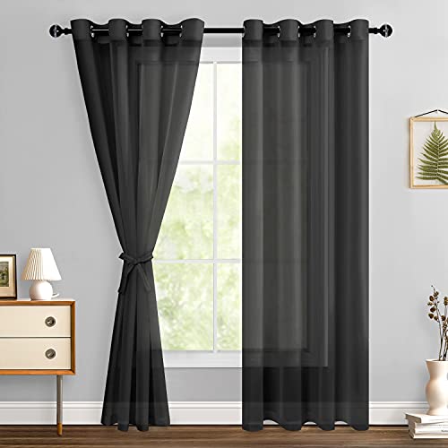 Hiasan Black Sheer Curtains 84 Inches Long with Tiebacks, Light Filtering Voile Textured Drapes Lightweight Grommet Window Curtains for Bedroom, Living Room, Patio Door, W52 x L84, Set of 2 Panels