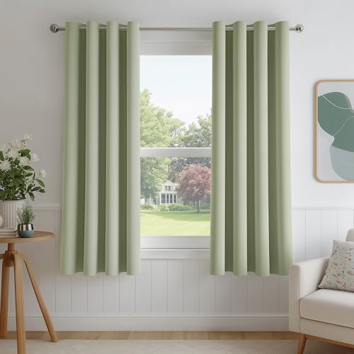 FMFUNCTEX 100% Blackout Sage Green Curtains 54 Inch Grommet Drapes 2 Panels - Black out Drapes, Thermal Insulated Noise Reducing, Textured Weave, Room Darkening, Window Curtain, for Living Room,Grommet