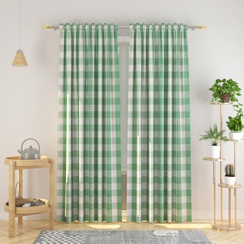 NATUS WEAVER Cotton Curtains Green and White Buffalo Gingham Check Curtain Panels 95 inches Long Living Room Drapes Plaid Checker Kitchen Bedroom Window Treatment Set 2 Panels Rod Pocket