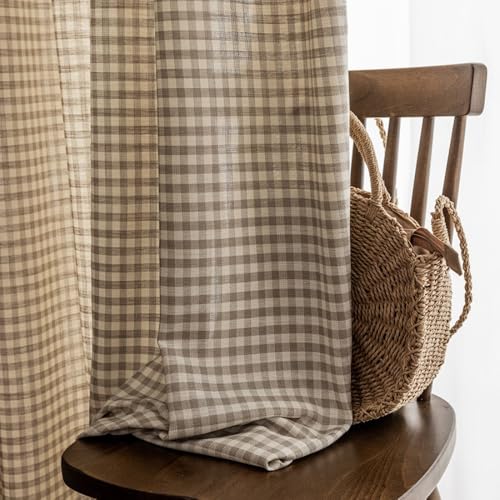 AZIMUZIXI Retro Rustic Cotton and Linen Light Filtering Plaid Curtains for Living Room Dining Room,Rop Pocket Semi-Shading Window Curtains Set 2 Panels (Brown,W50*L96)