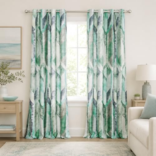 Leeva Decorative Kitchen Curtains, Drapes for Living Room 84 Inch Length 2 Panels, Geometric Pattern Grommet Solid Window Treatments, 52 x 84, Cyan