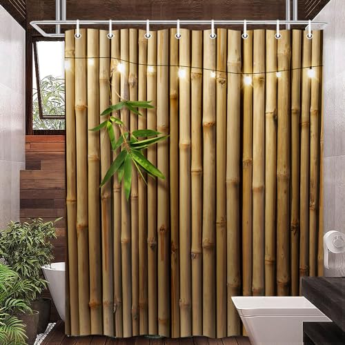 Pinpai Bamboo Shower Curtain, Japanese 3D Shower Curtain Set for Bathroom, Nature Zen with Lights Fabric Shower Curtain Restroom Bathtub Decor Accessories with Hooks 72X 75 inch