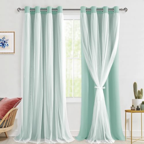Hiasan Blackout Curtains with Sheer Overlay, Mix & Match Double Layer Thermal Insulated Room Darkening Curtains for Bedroom, Living Room, 2 Window Curtain Panels with Tiebacks, Aqua, 52W X 108L