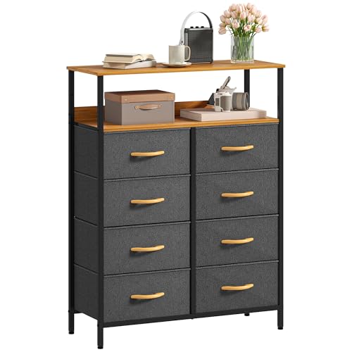 DWVO Chest of Drawers,Fabric Chest of Drawers Bedroom Cabinet with 8 Drawers,Dresser for Bedroom,Living Room With Handles,Wood Top and Sturdy Steel Frame, Dark Grey