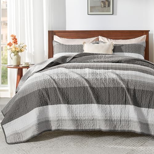 Andency Oversized King Quilt Set, Dark Grey Stripe Bedspread, 3 Pieces - 120x98 Inch Soft Lightweight Grey Patchwork Quilted Bed Set for All Seasons (1 Quilt, 2 Pillowcases)