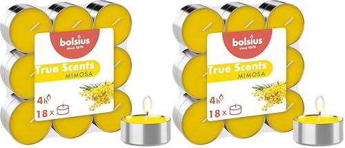 Bolsius - Set of 18 Scented Tealight Candles - Mimosa - Burn Time: 4 Hours - Home Decor - Natural Extracts - with Vegan Natural Wax (Pack of 2)