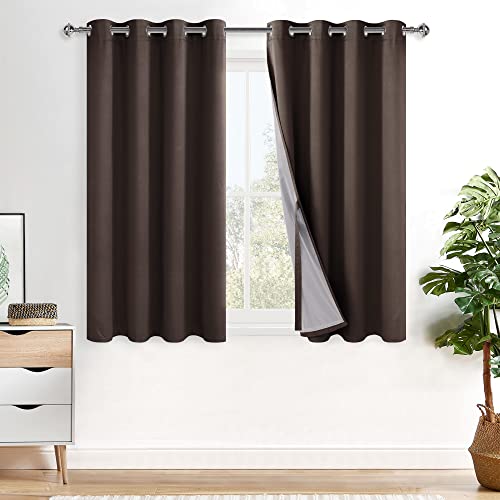 XWZO 100% Blackout Window Curtains - Thermal Insulated & Completely Room Darkening Black Liner Window Treatment with Tiebacks for Bedroom/Living Room, Brown, W52 x L45, Set of 2 Panels