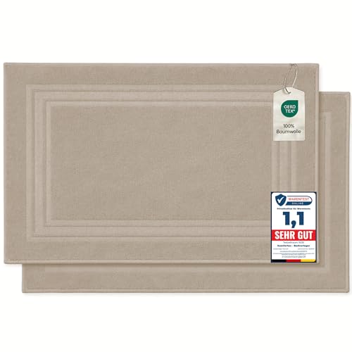 Komfortec Bath Mat Set, 2-Piece Terry Cloth Shower Mat, Washable Shower Mat & Bath Mat, 600 g/m² & 100% Cotton, Absorbent & Quick Drying, 50 x 70 cm, Beige