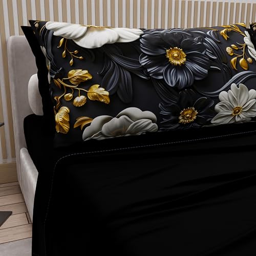 PETTI Artigiani Italiani - Cotton Sheets with Pillowcases in Digital Print, French Quarter, Complete Top and Bottom Sheet with Corners, Floral 05 6 Black, 100% Made in Italy