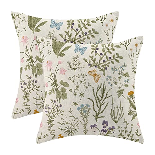 AEIOAE Spring Pillow Covers 22x22 Inch Set of 2,Sage Green Wild Flower Plant Throw Pillows Case,Seasonal Floral Outdoor Decorative Square Linen Farmhouse Decor Cushion Covers for Home Sofa Bed Couch