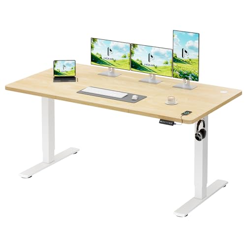Homall Electric Height Adjustable Desk, Adjustable Height Office Desk with USB Ports, 160x70cm, Home Office with Splice Board, Beige