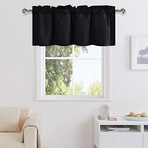 DWCN Black Valance Curtains, 1 Panel, 42 X 12 Inch - Solid Short Topper, Rod Pocket, Thin Fabric, Window Curtain for Kitchen, Basement, Bathroom