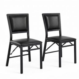 VECELO Upholstered Folding Dining Chair Set of 2 with Padded Seat, Heavy Duty Metal Frame for Kitchen, Living Room, No Assembly, Space-Saving, Black