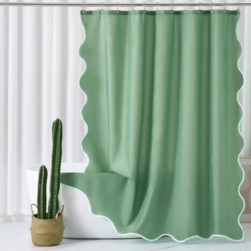 ORTIGIA Green Scalloped Shower Curtain,Cute Sage Green Ruffle Shower Curtains Aesthetic Preppy Boho Waterproof Fabric Bath Bathroom Decor with Metal Hook 72 W x 72 H Inch