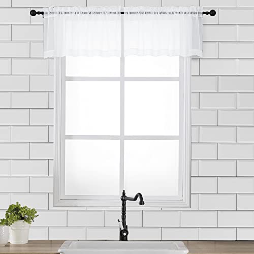 OVZME White Sheer Window Valance Curtains, Light Filtering Kitchen Valances Windows Treatment, Small Voile Sheer Curtains for Living Room/Bathroom/Basement, Top Dual Rod Pocket, 2PCS