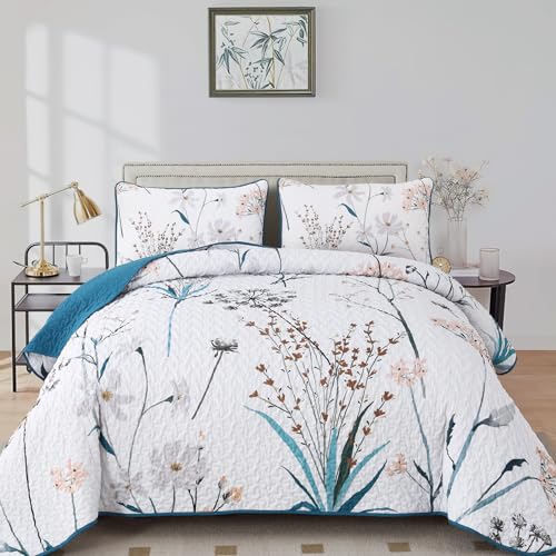 "Dobuyly Teal Quilt California King Size Floral Botanical King Quilt Bedding Set 3 Pieces Soft Lightweight Microfiber Flower Bedspread Coverlet Set for All Season, 112""x96"""