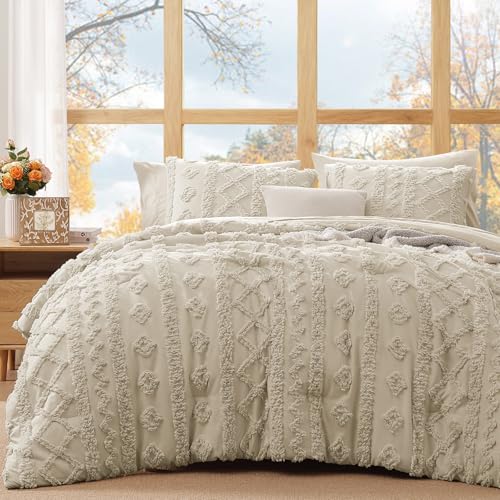 King Size Comforter Set- 7 Pieces Tufted Bed in a Bag King Bedding Sets - All Season Shabby Chic Boho Bedding with Comforter, Sheets, Pillowcases & Shams, Beige