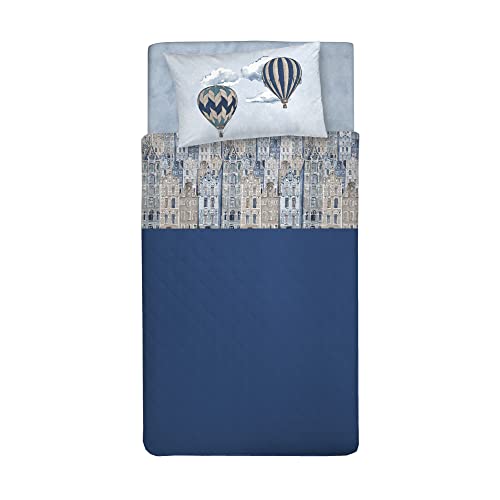 PENSIERI DELICATI Single Bed Sheet Set, 100% Cotton, 90 x 200 cm Single Bed Sheet Set, Includes Bottom Sheet, Top Sheet and 1 Pillowcase, Made in Italy, Light Blue Flying Pattern