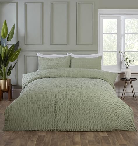 Rapport Home Seersucker Duvet Cover Set, Soft Easy Care Sage Green Double 3 Piece Bedding Set