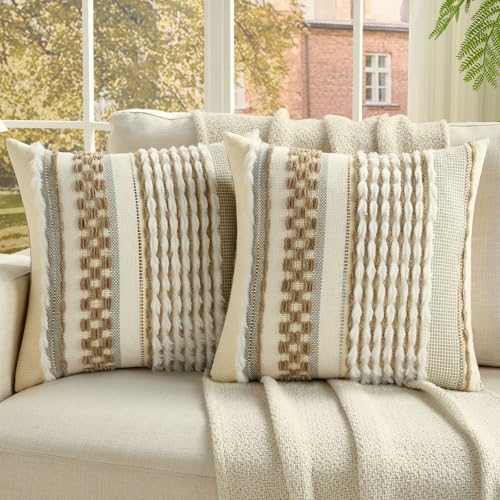 FUTEI Khaki Boho Throw Pillow Covers 20x20 Inch Set of 2, Modern Furry Tufted Striped Textured Accent Cushion Case,Farmhouse Pillows for Couch Bed