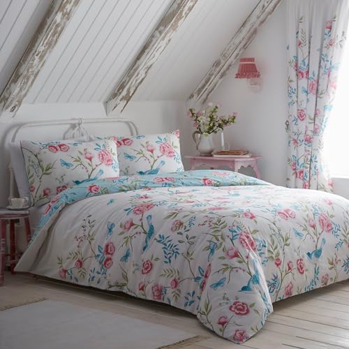 Dreams & Drapes - Garden Flower, Butterfly & Bird Duvet Cover - Super King Bedding Size Reversible Design (2 Colours) - Easy Care & Washable - Vintage Flower Bedding in Blue - White/Blue Floral Duvet