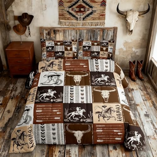 Western Comforter Set Queen Size,Southwestern Aztec Country Horse Bedding Set 2pcs,Cowboy Rustic Ranch Style Down Comforter,Brown Patchwork Farmhouse Bed Set for Kids Boys Teens,1 Pillowcase,No Sheet