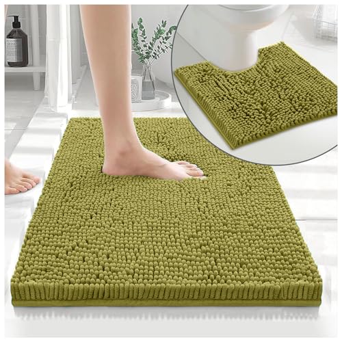 GC GAVENO CAVAILIA Soft Bath Mat Sets For Bathroom - 2 Piece Bath Mat Non Slip Back - Highly Water Absorbent & Fast Drying 100% Microfiber Chenille Toilet Rug with Pedestal Mat - Green