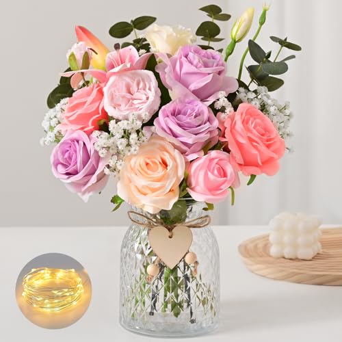 Livole 22Pcs Artificial Faux Flowers with Vase & Light Real Touch Flower - Purple Fake Flower Arrangement with Plant Eucalyptus for Table Centerpieces Living Room Coffee Farmhouse Home Decor