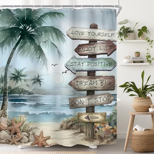 "Grey Gray Tropical Palm Tree Coastal Nautical Bathroom Shower Curtain Set - 60""W x 72""H Beach Quotes waterproof HD print, quick-dry fabric with 12 free hooks for easy hanging."
