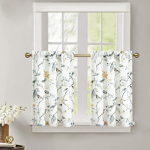 Leeva Kitchen Curtains 36 Inch Length Set, Grey Bird Light Filtering Window Curtain Panels for Small Window Living Room Bedroom, Rod Pocket