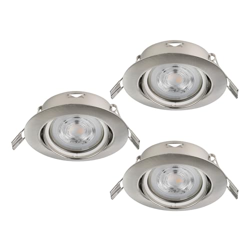 Eglo Set of 3 LED recessed Spotlight Set Favazzina, Round Flat Metal Ceiling Spots in Silver, Includes GU10 Bulbs, Warm White, Ø 8.8 cm