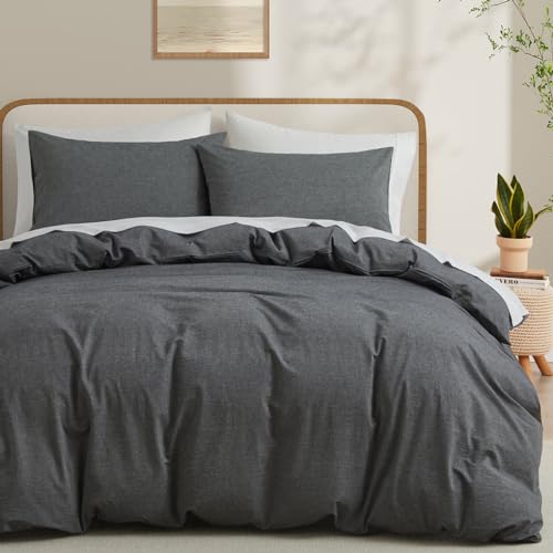LOVQUE 100% Washed Cotton Duvet Cover, Grey, Queen Size, 90x90 Inches - Breathable, Linen-like, Natural Bedding Set with Zipper Closure, Corner Ties, 1 Cover + 2 Pillowcases, No Comforter
