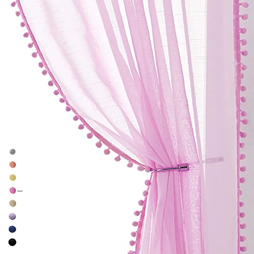 "Treatmentex Pom-Pom Pink Sheer Curtains for Girl's Room 95 inches Linen Textured Look Red Sheer Window Draperies for Bedroom Living Room, 52"" w x 2 Panels, Rod Pocket"