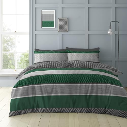 GC GAVENO CAVAILIA Geometric Scale Duvet Cover Sets With Pillow Cases - Polycotton Double Duvet Cover Set (200x200 Cm) - Lightweight Reversible Green Bedding Geometrical Quilt Covers Bed Set