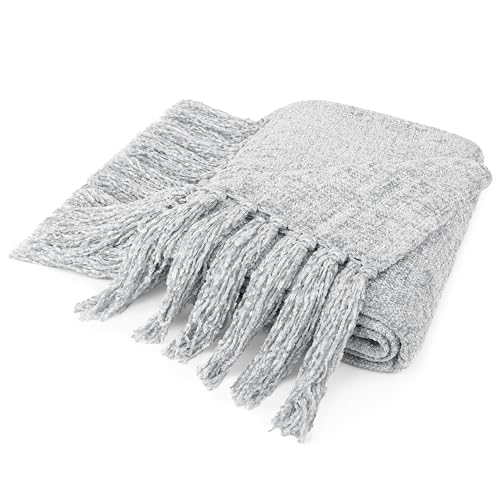 PAVILIA Light Gray Throw Blanket for Couch, Twin Size Bed, Chenille for Sofa, Soft Knit Woven With Tassel, Decorative Textured for Living Room, Light Grey 60x80