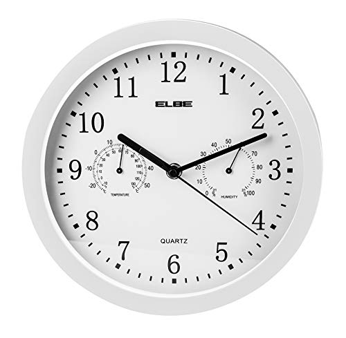 Elbe RP-2005-B Wall Clock with Thermometer and Hygrometer, Temperature and Humidity Measurement, 25 cm Diameter, White Panel, White Frame, Battery Operated, White