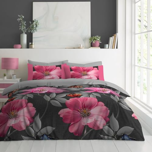 GC GAVENO CAVAILIA Flowers Duvet Cover Double - 3 Piece Botanical Floral Microfiber Bedding Duvet Cover Sets With Pillow Cases - Washable & Reversible Plain Quilt Cover Set - (200x200 Cm), Charcoal