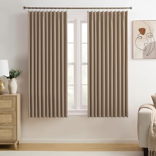 KEQIAOSUOCAI Cappuccino Pinch Pleated 72 Inch Wide Curtains 72 x 63, Thermal Insulated Noise Cancelling Living Room Office Drapes 63 Inches Long, Patio Sliding Glass Door Window Curtain 2 Panels