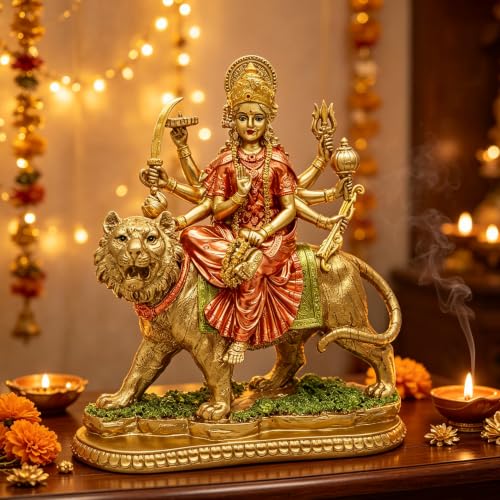 BangBangDa Hindu Goddess Durga Idol Statue - Durga On Tiger Figurine India Murti Home Mandir Temple Altar Puja Item Birthday Diwali Pooja Gifts for Indian Yoga Meditation Spritural Decor