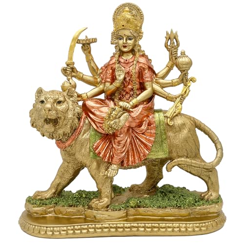 BangBangDa Hindu Goddess Durga Idol Statue - Durga On Tiger Figurine India Murti Home Mandir Temple Altar Puja Item Birthday Diwali Pooja Gifts for Indian Yoga Meditation Spritural Decor