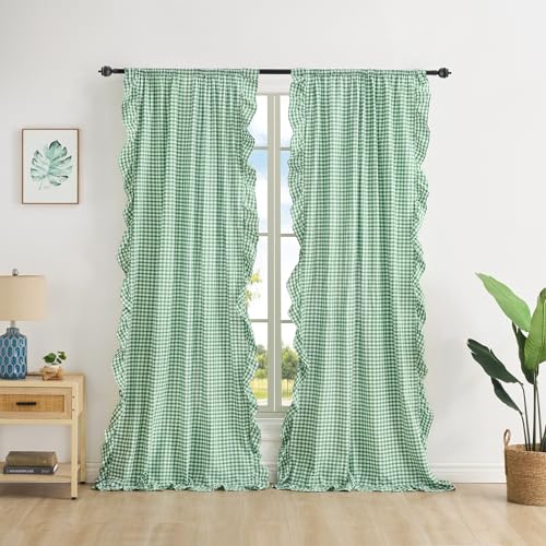 K MASANIJI Xmas Green White Plaid Gingham Ruffle Curtains 2 Panels, 100% Washed Cotton Drapes for Bedroom Living Room Doorway Shabby and Chic Window Treatment Rod Pocket, W52???xH63