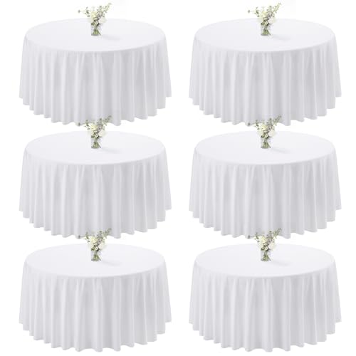 joybest 6 Pack Round Tablecloths 120 Inch White Polyester Table Cloth, Stain and Wrinkle Resistant Washable Fabric Table Cover for Wedding, Party, Reception, Banquet, Dining