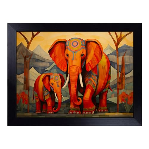 Lap Tray with Bean Bag Cushion, Elephant Art Deco - Handmade in the UK, Raised Wooden Edge, Padded Cushion, Heat-Resistant Wipe-Clean Surface, for Meals, Laptops and Crafts