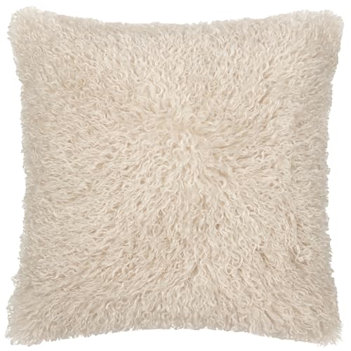 furn. Rowan Feather Filled Cushion – Soft Faux Fur Mongolian Style Decorative Cushion with Velvet Reverse (Natural - 50x50cm)