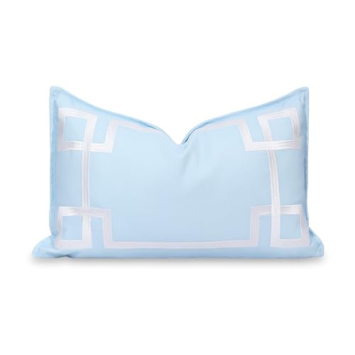 "Hofdeco Premium Coastal Patio Indoor Outdoor Lumbar Pillow Cover Only, 12""x20"" Water Repellent for Backyard, Couch, Baby Blue Embroidered Frame Greek Key"