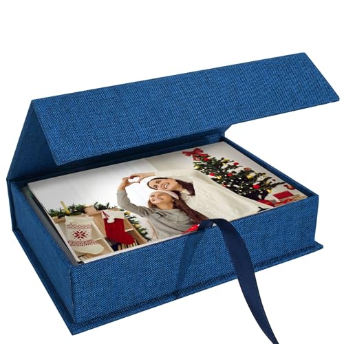 Hiwhy Photo Storage Box 4x6, Linen Photo Box, Memory Box Perfect to Store Your Photo, Pictures, Certificates, Scrapbooking Supplies, Keepsakes and Jewelry Navy Blue