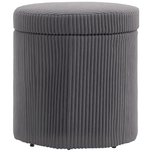 HOMCOM 40cm Round Storage Ottoman, Corduroy Footstool with Removable Lid and Legs, Vanity Stool for Living Room, Bedroom, Grey